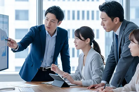 ホシザキの営業スタッフが会議室でお客様に提案している場面。資料を使いながら、きめ細かなサービスを提供している。