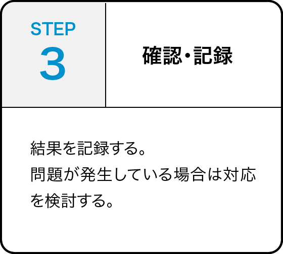 STEP 3 確認・記録 結果を記録する。問題が発生している場合は対応を検討する。