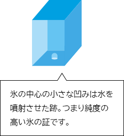 氷の中心の小さな凹みは水を噴射させた跡。つまり純度の高い氷の証です。