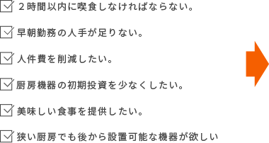 2時間以内に喫食しなければならない。　早朝勤務の人手が足りない。　人件費を削減したい。　厨房機器の初期投資を少なくしたい。　美味しい食事を提供したい。　狭い厨房でも後から設置可能な機器が欲しい