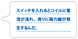スイッチを入れるとコイルに電流が流れ、周りに磁力線が発生するんだ。