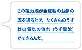 この磁力線が金属製のお鍋の底を通るとき、たくさんのうず状の電気の流れ（うず電流）ができるんだ。