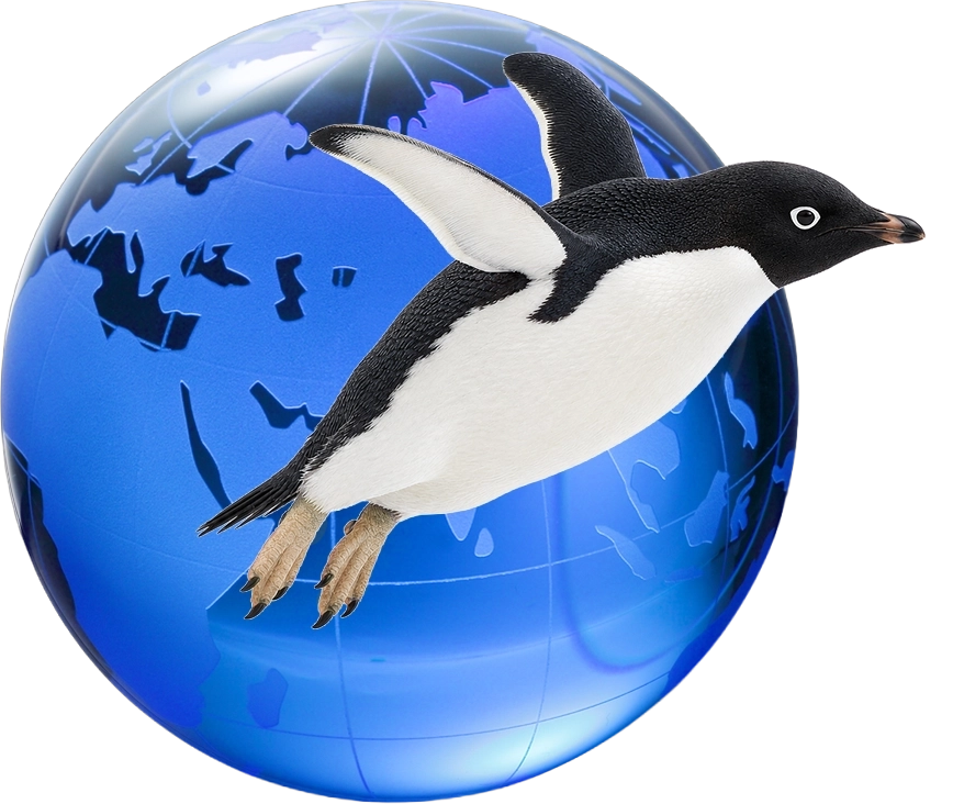 地球儀の中を泳ぐペンギン
